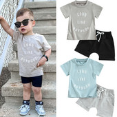 FOCUSNORM 2 spalvų mažylio berniuko vasarinių rūbų rinkiniai 0-3Y trumpomis rankovėmis su raidėmis margintų marškinėlių + mazgelių priekinių šortų rinkinys