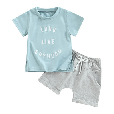 FOCUSNORM 2 spalvų mažylio berniuko vasarinių rūbų rinkiniai 0-3Y trumpomis rankovėmis su raidėmis margintų marškinėlių + mazgelių priekinių šortų rinkinys