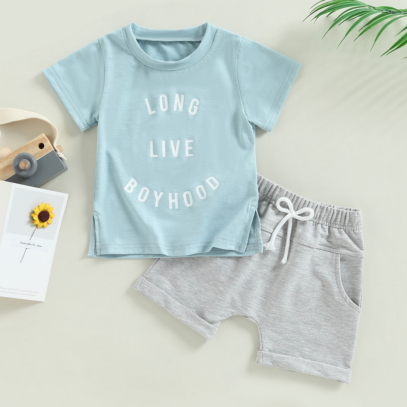 FOCUSNORM 2 spalvų mažylio berniuko vasarinių rūbų rinkiniai 0-3Y trumpomis rankovėmis su raidėmis margintų marškinėlių + mazgelių priekinių šortų rinkinys