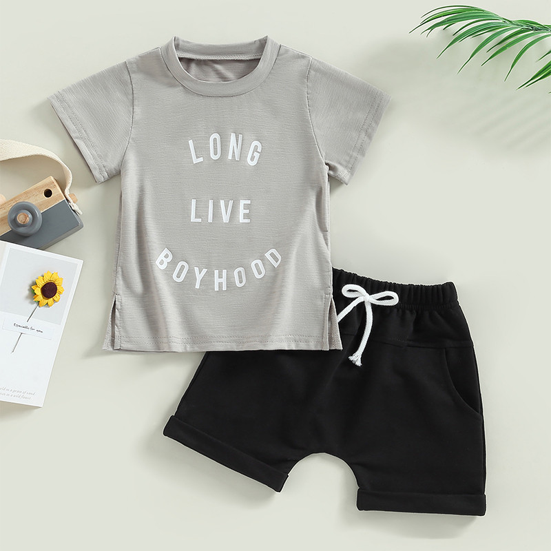 FOCUSNORM 2 spalvų mažylio berniuko vasarinių rūbų rinkiniai 0-3Y trumpomis rankovėmis su raidėmis margintų marškinėlių + mazgelių priekinių šortų rinkinys