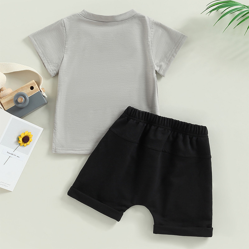 FOCUSNORM 2 spalvų mažylio berniuko vasarinių rūbų rinkiniai 0-3Y trumpomis rankovėmis su raidėmis margintų marškinėlių + mazgelių priekinių šortų rinkinys