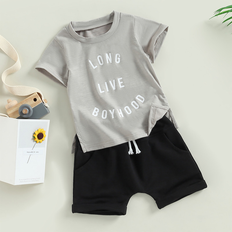 FOCUSNORM 2 spalvų mažylio berniuko vasarinių rūbų rinkiniai 0-3Y trumpomis rankovėmis su raidėmis margintų marškinėlių + mazgelių priekinių šortų rinkinys