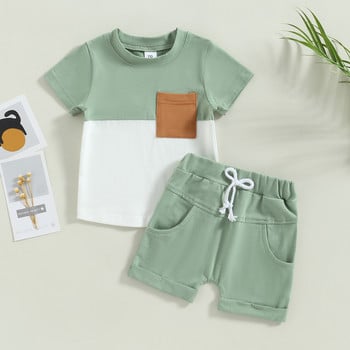 Citgeett Summer Toddler Boys σετ Κοντομάνικα με αντίθεση χρώματος μπλουζάκια + μονόχρωμα σορτς με κορδόνια
