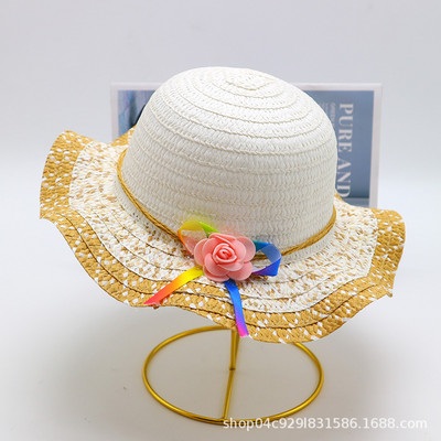 Ljetna kapa za djevojčice, bež cvjetni vijenac, slamnata kapa, široki valoviti obodi, ljetna plaža, UV zaštita, šeširi za sunčanje, šeširi za plažu 3-8 godina