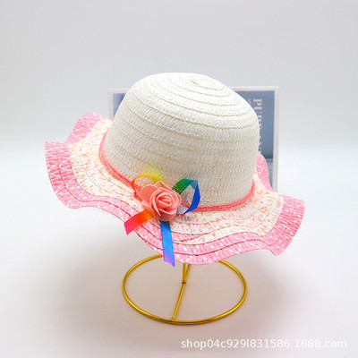 Ljetna kapa za djevojčice, bež cvjetni vijenac, slamnata kapa, široki valoviti obodi, ljetna plaža, UV zaštita, šeširi za sunčanje, šeširi za plažu 3-8 godina