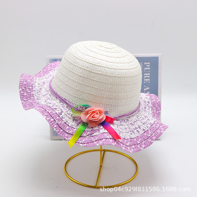 Ljetna kapa za djevojčice, bež cvjetni vijenac, slamnata kapa, široki valoviti obodi, ljetna plaža, UV zaštita, šeširi za sunčanje, šeširi za plažu 3-8 godina
