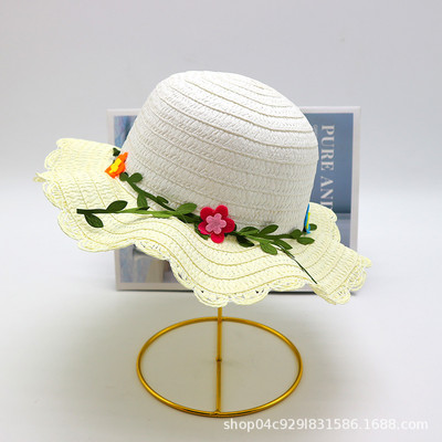 Ljetna kapa za djevojčice, bež cvjetni vijenac, slamnata kapa, široki valoviti obodi, ljetna plaža, UV zaštita, šeširi za sunčanje, šeširi za plažu 3-8 godina