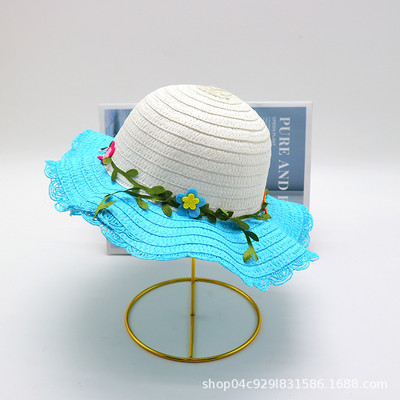 Ljetna kapa za djevojčice, bež cvjetni vijenac, slamnata kapa, široki valoviti obodi, ljetna plaža, UV zaštita, šeširi za sunčanje, šeširi za plažu 3-8 godina