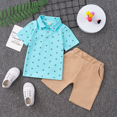 Nyári babaruha gyerekruha szett divat fiúknak alkalmi nyomott hajtóka rövid ujjú póló + nadrág 2 részes 1-5 éves korig