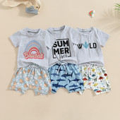 FOCUSNORM 0-3Y dojenčad, dječaci, ljetni kompleti odjeće, odjeća, majica kratkih rukava s printom slova i kratke hlače za bejzbol/morskog psa/dinosaura