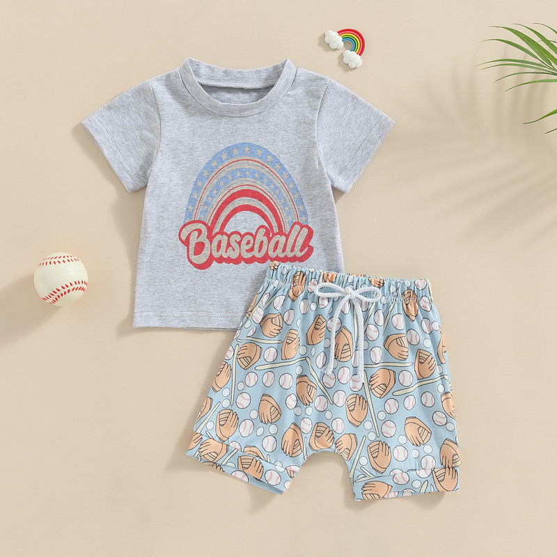 FOCUSNORM 0-3Y dojenčad, dječaci, ljetni kompleti odjeće, odjeća, majica kratkih rukava s printom slova i kratke hlače za bejzbol/morskog psa/dinosaura