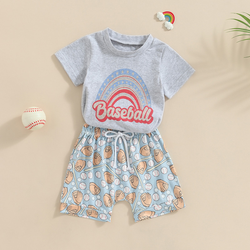 FOCUSNORM 0-3Y dojenčad, dječaci, ljetni kompleti odjeće, odjeća, majica kratkih rukava s printom slova i kratke hlače za bejzbol/morskog psa/dinosaura