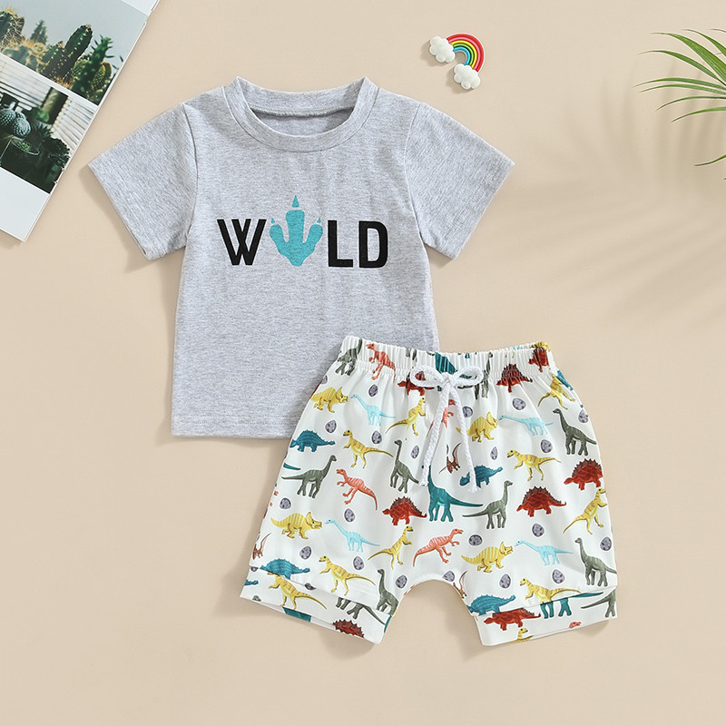 FOCUSNORM 0-3Y dojenčad, dječaci, ljetni kompleti odjeće, odjeća, majica kratkih rukava s printom slova i kratke hlače za bejzbol/morskog psa/dinosaura