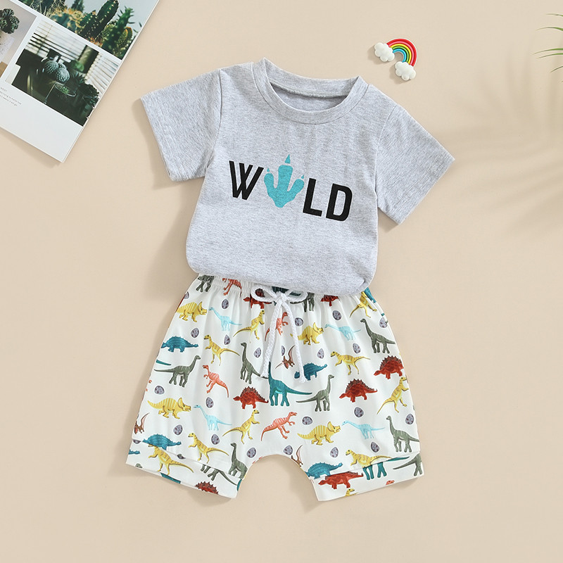 FOCUSNORM 0-3Y dojenčad, dječaci, ljetni kompleti odjeće, odjeća, majica kratkih rukava s printom slova i kratke hlače za bejzbol/morskog psa/dinosaura