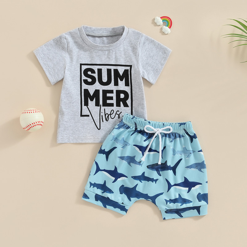 FOCUSNORM 0-3Y dojenčad, dječaci, ljetni kompleti odjeće, odjeća, majica kratkih rukava s printom slova i kratke hlače za bejzbol/morskog psa/dinosaura