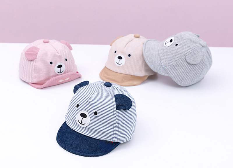 Aranyos rajzfilm medve baba sapka nyári tavaszi állítható baseball sapka csíkos pamut gyerek napsapka baba fiú lány kalapok fülekkel
