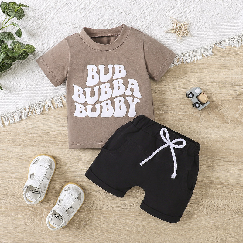 FOCUSNORM 0-3Y totyogó kisfiú ruhakészletek betűvel nyomtatott rövid ujjú póló elasztikus derekú rövidnadrág nyári ruhával