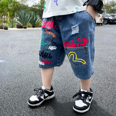 Traperice za dječake za ljeto 2023. Nove dječje kaubojske hlače 7/10, dječja odjeća, modna ležerna široka traperica s džepovima s printom slova