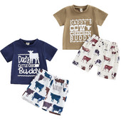 FOCUSNORM 2Pcs Ljetni kompleti odjeće za bebe i dječake Odjevna kombinacija Majica kratkih rukava s natpisom + kratke hlače s printom kravlje glave 0-3Y