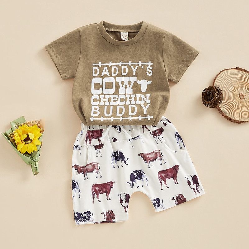 FOCUSNORM 2Pcs Ljetni kompleti odjeće za bebe i dječake Odjevna kombinacija Majica kratkih rukava s natpisom + kratke hlače s printom kravlje glave 0-3Y