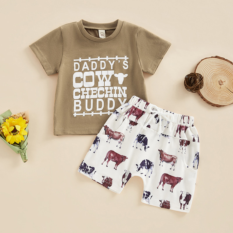 FOCUSNORM 2Pcs Ljetni kompleti odjeće za bebe i dječake Odjevna kombinacija Majica kratkih rukava s natpisom + kratke hlače s printom kravlje glave 0-3Y