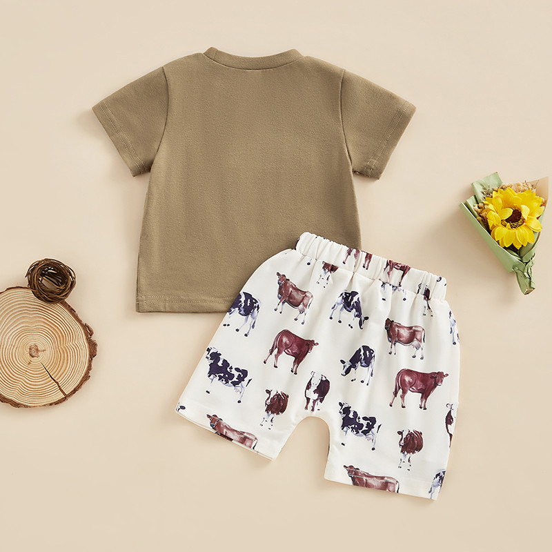 FOCUSNORM 2Pcs Ljetni kompleti odjeće za bebe i dječake Odjevna kombinacija Majica kratkih rukava s natpisom + kratke hlače s printom kravlje glave 0-3Y