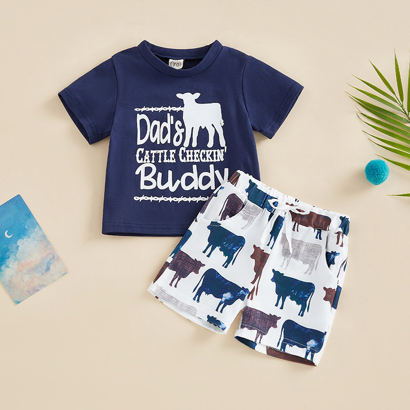 FOCUSNORM 2Pcs Ljetni kompleti odjeće za bebe i dječake Odjevna kombinacija Majica kratkih rukava s natpisom + kratke hlače s printom kravlje glave 0-3Y