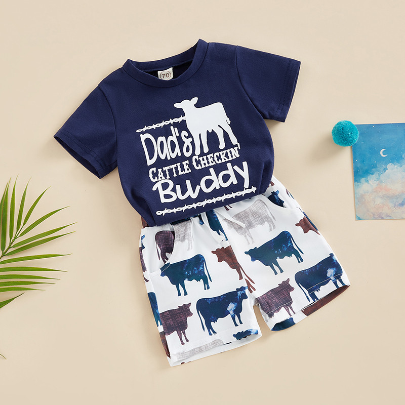 FOCUSNORM 2Pcs Ljetni kompleti odjeće za bebe i dječake Odjevna kombinacija Majica kratkih rukava s natpisom + kratke hlače s printom kravlje glave 0-3Y