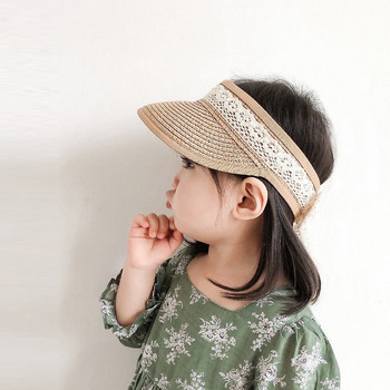 Лятна шапка за момиченце 1-5 години Сладка дантелена мека сгъваема регулируема сламена шапка с широка периферия Външна плажна шапка с кофа Бейзболни шапки