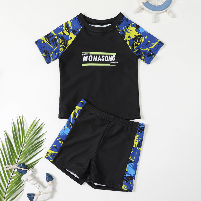 TiaoBug Παιδικό μαγιό για αγόρια Teenage Boys Σετ μαγιό δύο τεμαχίων Rash Guard Σετ μαγιό με κοντό μανίκι ζωντανή στάμπα για παραλία στην πισίνα