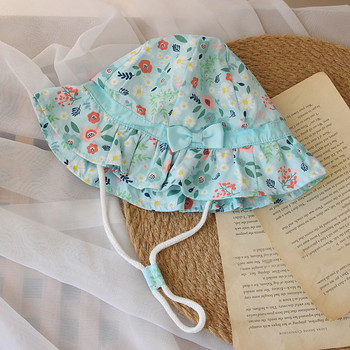 Сладка бебешка панама с флорални мотиви с панделка Пролет Лято Бебешка шапка за момичета Мека памучна шапка с шнур Детска плажна детска шапка за слънце 1-4 г.