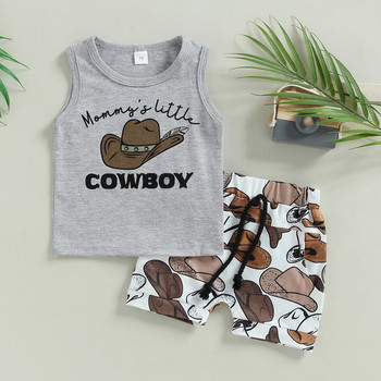 FOCUSNORM 0-3Y Летни комплекти дрехи за бебешки момчета Каубойска шапка/Потник с щампа на бик с еластична талия Къси панталони