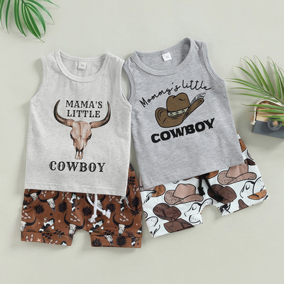 FOCUSNORM 0-3Y Летни комплекти дрехи за бебешки момчета Каубойска шапка/Потник с щампа на бик с еластична талия Къси панталони