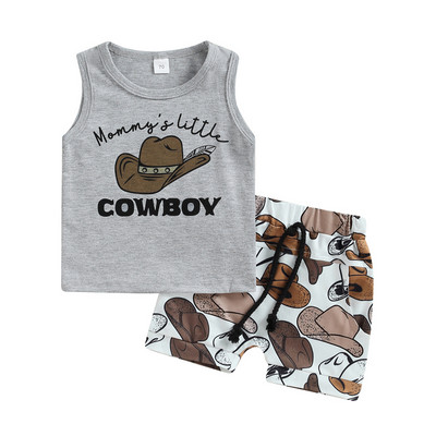 FOCUSNORM 0-3Y Ljetni kompleti odjeće za dječake Kaubojski šešir/top bez rukava s printom bikova s elastičnim pojasom Kratke hlače