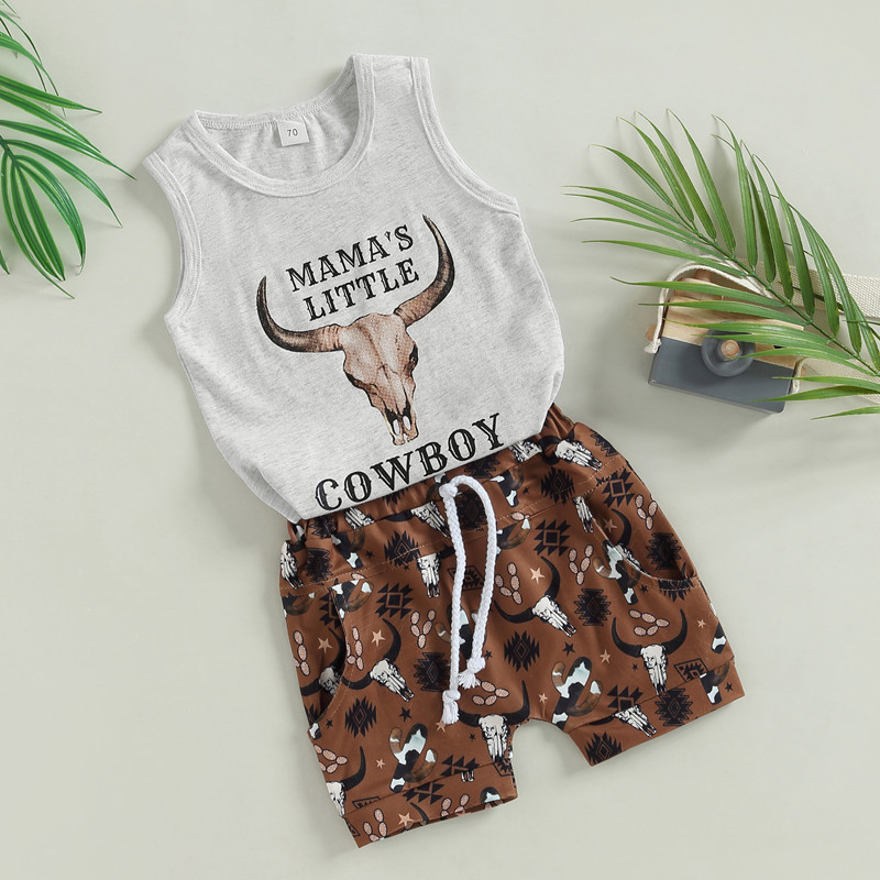 FOCUSNORM 0-3Y Ljetni kompleti odjeće za dječake Kaubojski šešir/top bez rukava s printom bikova s elastičnim pojasom Kratke hlače