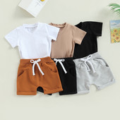 FOCUSNORM 3 culori Seturi de haine pentru bebelusi baieti 2 buc Maneca scurta cu decolteu in V Tricou solid cu pantaloni scurti cu talie elastica Tinuta de vara