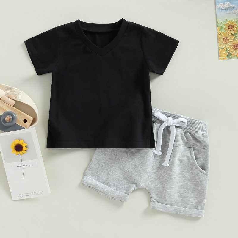FOCUSNORM 3 culori Seturi de haine pentru bebelusi baieti 2 buc Maneca scurta cu decolteu in V Tricou solid cu pantaloni scurti cu talie elastica Tinuta de vara