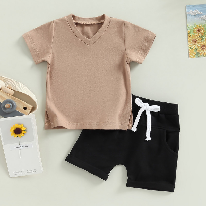 FOCUSNORM 3 culori Seturi de haine pentru bebelusi baieti 2 buc Maneca scurta cu decolteu in V Tricou solid cu pantaloni scurti cu talie elastica Tinuta de vara