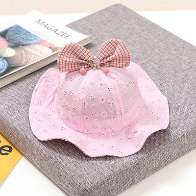 Slatki cvjetni dječji šešir s kantom s rešetkastim mašnama, šuplja prozračna ljetna proljetna kapa za djevojčice Pamučna princeza dječja kapa za sunčanje za plažu