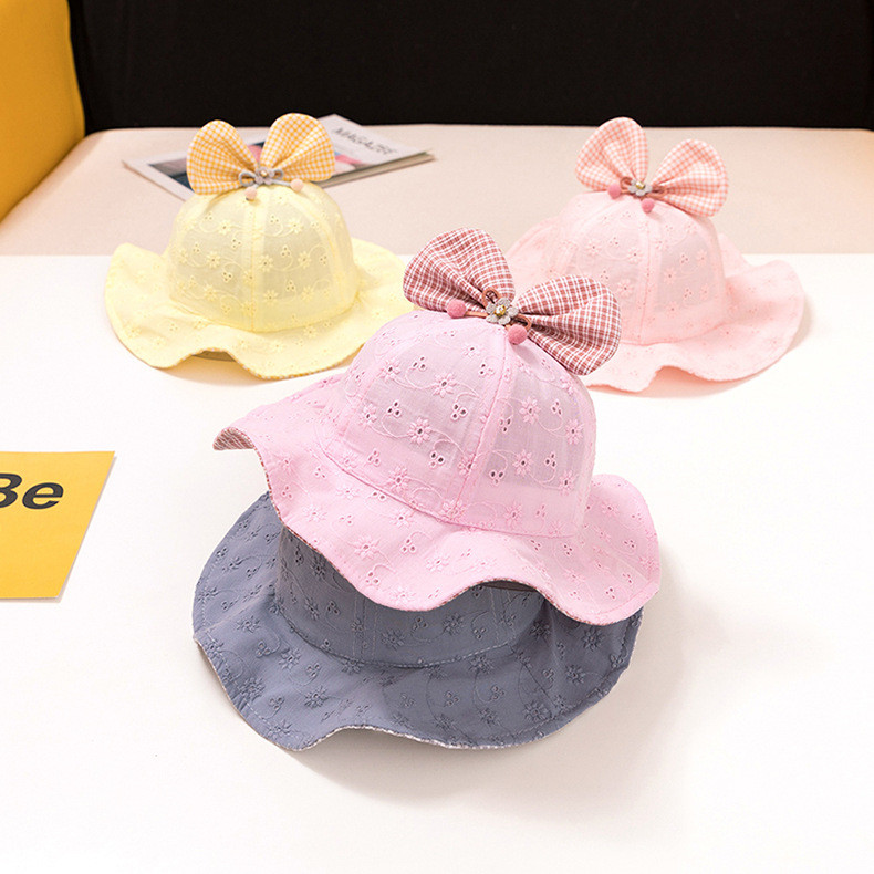 Slatki cvjetni dječji šešir s kantom s rešetkastim mašnama, šuplja prozračna ljetna proljetna kapa za djevojčice Pamučna princeza dječja kapa za sunčanje za plažu
