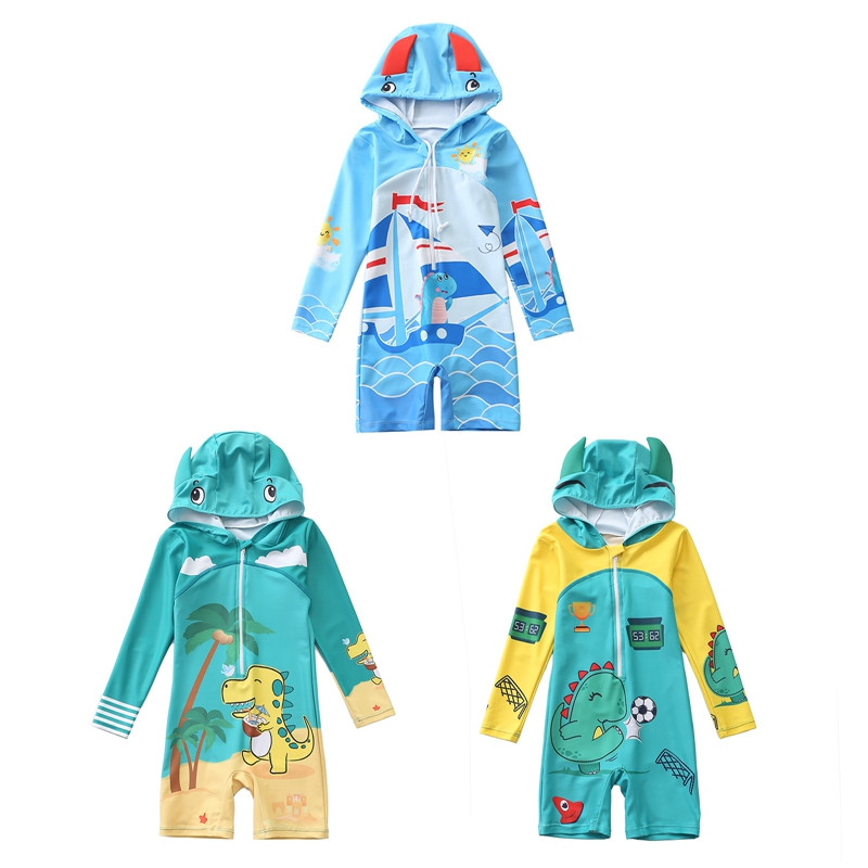 1-7Y fiúk egyrészes fürdőruha tipegőknek cipzáras fürdőruha fürdőruha kapucnis rajzfilm baba fiú gyerek fürdőruha