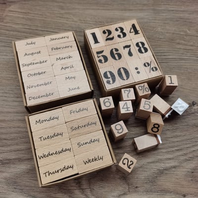 Număr digital de epocă Săptămâna Lună Ștampilă DIY Ștampile din cauciuc din lemn pentru Scrapbooking Bullet Journaling