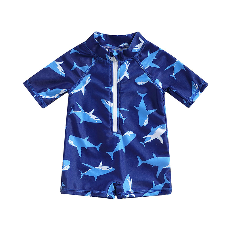 EWODOS 0-3 éves baba gyerek fiú úszóruha fürdőruha rövid ujjú fényvédő fürdőruha Rajzfilm Shark Print Zipper Beach fürdőruha