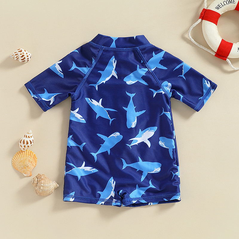 EWODOS 0-3 éves baba gyerek fiú úszóruha fürdőruha rövid ujjú fényvédő fürdőruha Rajzfilm Shark Print Zipper Beach fürdőruha