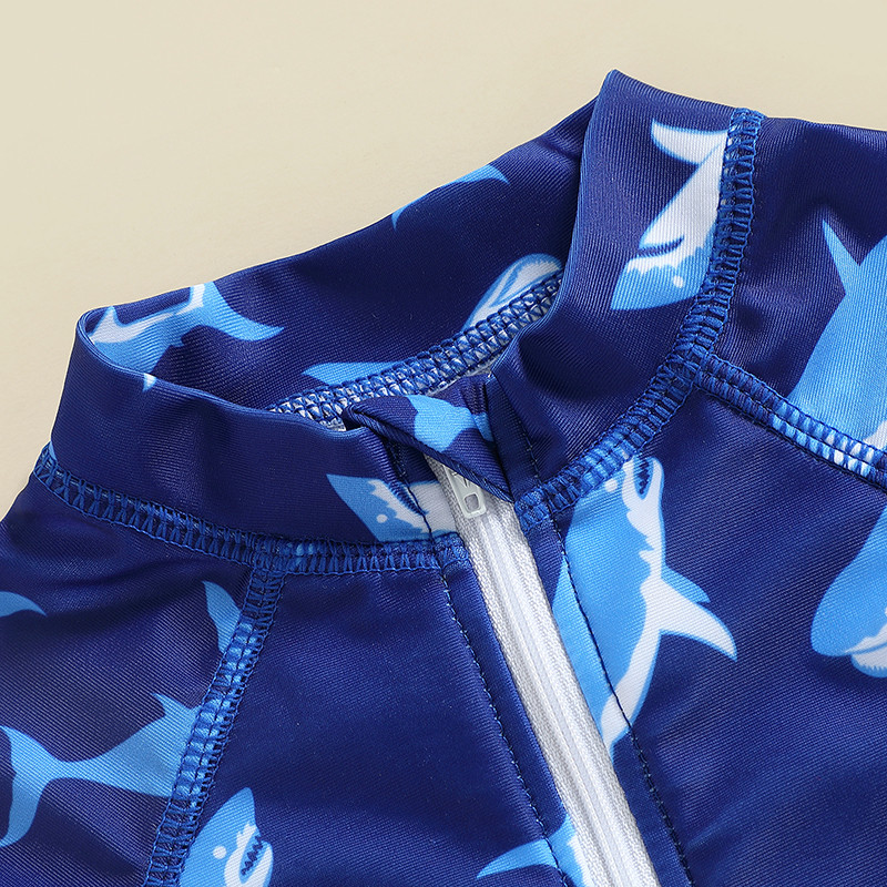 EWODOS 0-3 éves baba gyerek fiú úszóruha fürdőruha rövid ujjú fényvédő fürdőruha Rajzfilm Shark Print Zipper Beach fürdőruha