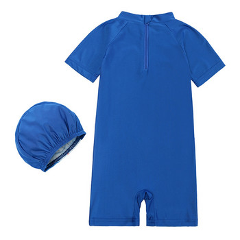 Бански костюм за момче Прохождащи деца Бански костюм за бебета и момичета 1 част Бански костюм с цип Бански с шапка Обрив Рокля с дълъг ръкав