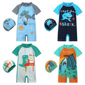 Mazu bērnu peldkostīmi, zēnu meiteņu peldkostīmi, 1 gabals, multfilmas peldkostīms, peldkostīms ar rāvējslēdzēju, peldkostīms un cepure, kas ir izsitumu aizsargs, sērfošanas tērps UPF 50+