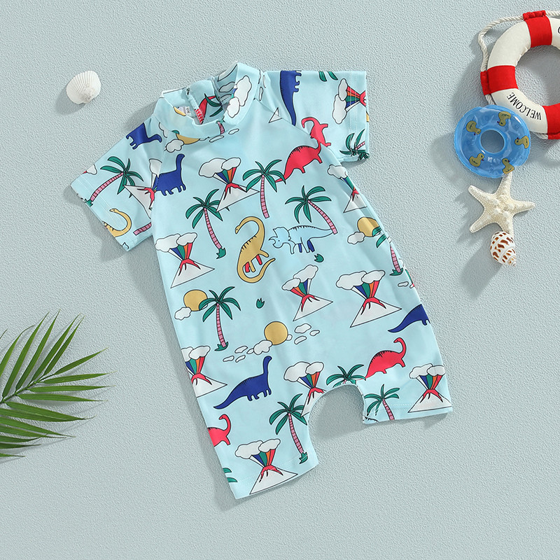 Mažų berniukų maudymosi kostiumėliai trumpomis rankovėmis maudymosi kostiumėliai paplūdimio ryklio / dinozaurų raštais