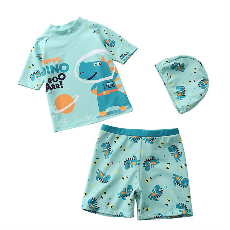 Costum de baie 2-6T Copii Băieți 3 buc Costume de baie Pantaloni scurți de plajă Costum de baie cu imprimeu din dinozaur din desene animate Băiat Copil cu protecție solară Îmbrăcăminte de plajă Costum de baie
