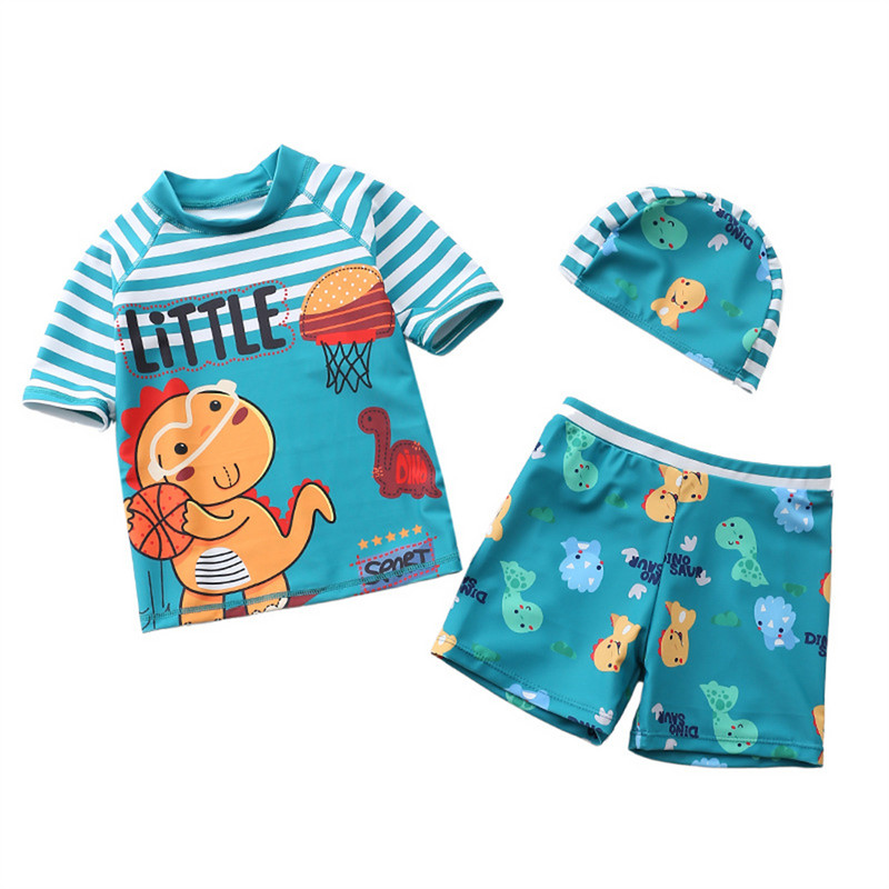 Costum de baie 2-6T Copii Băieți 3 buc Costume de baie Pantaloni scurți de plajă Costum de baie cu imprimeu din dinozaur din desene animate Băiat Copil cu protecție solară Îmbrăcăminte de plajă Costum de baie